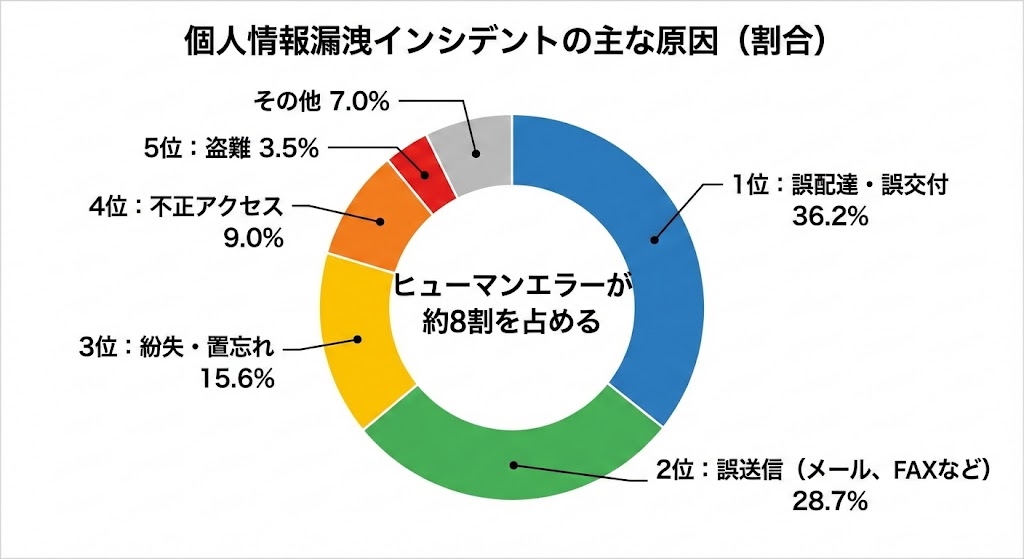個人情報の取扱いにおける事故報告の円グラフ